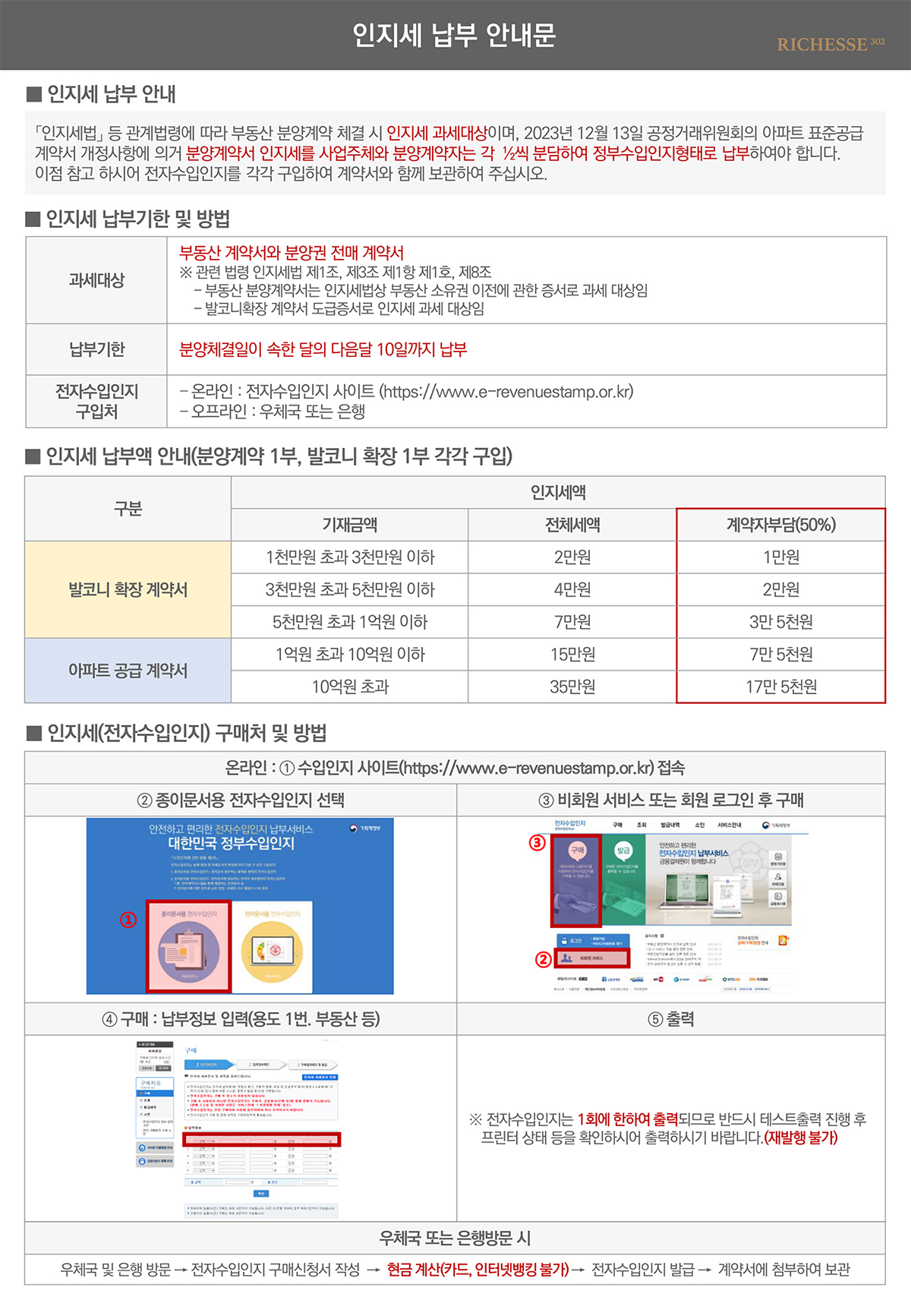 RICHESSE 302 인지세납부안내문